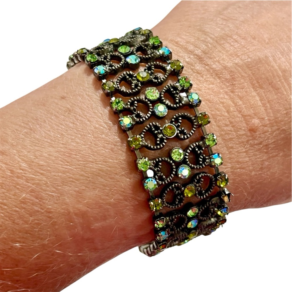 Vintage Green Blue AB Multi Row Bracelet Stunning Crystal Shimmer EUC